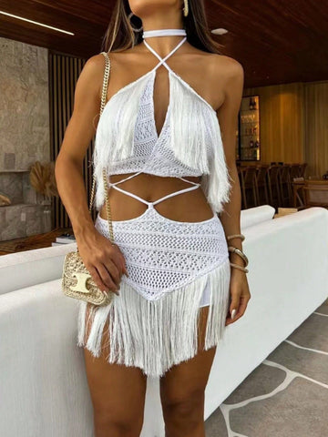 Women Summer Sexy Splice Fringed Cross Back Halter Vest And Skirt Two-Piece Set