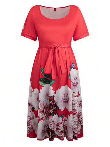 Plus Size Women Summer Short Sleeve Floral Print Waist Decorative Buckle Elegant Dress