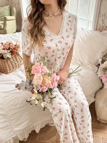 Floral Print Lace Trim PJ Set
