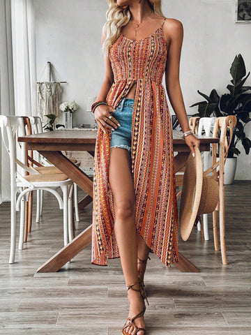 Bohemian Beach Vacation Long Camisole Top With High Side Slits