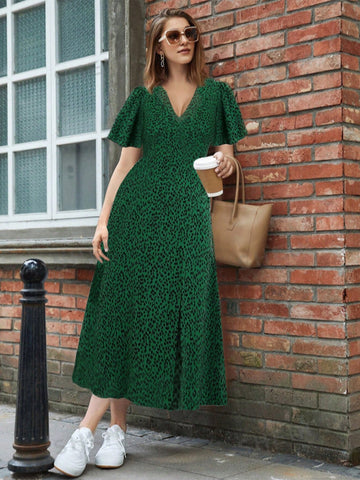 Women Summer V-Neck Leopard Print Maxi Dress With Short Ruffle Sleeves And Split Hem