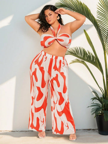 Plus Size Women's Ripple Printed Pleated Fabric + Front Tie And Halter Neck Two Wearing Styles Bandeau Top + Elastic Waist Wide Leg Pants Two Pieces Set,Suitable For Summer, Dating,Casul,Shopping, Streetwear,Going Out,Vacation,Beach,Coquette,Easy To Match