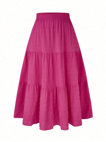 Women Plus Size Elastic Waist Solid Color Asymmetrical Hem Skirt With Ruffle Trim, Simple And Elegant