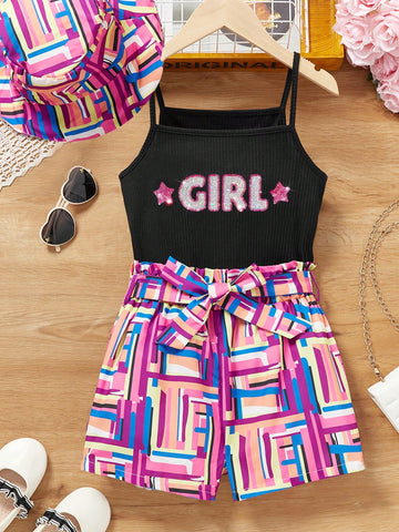 Tween Girl Contrast Sequin Letter Pattern Cami Top And Paperbag Waist Belted Shorts With Hat 3-Piece Set