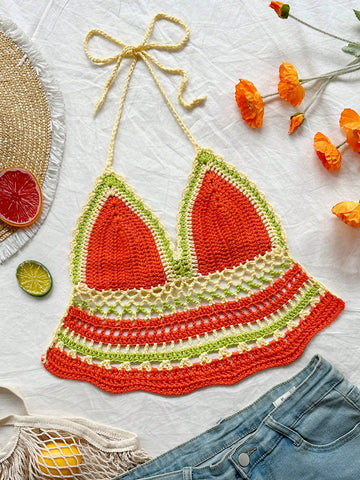 WYWH Women Holiday Style Orange Green Contrast Color Crochet Halter Top With Back Tie And Neck Hook