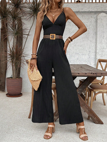 Women Fashionable Solid Color Sleeveless V-Neck Jumpsuit