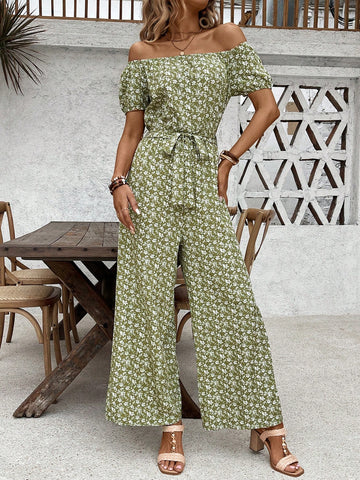 Women Fashionable Printed Off-Shoulder Jumpsuit With Drawstring Waist For Summer