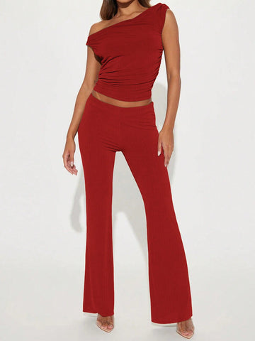 Ladies Solid Color Simple One Shoulder Top And Pants Two Piece Set