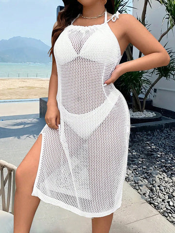 Plus Size Women Summer Hollow Out Perspective Halter Belted Long Sweater Dress For Vacation