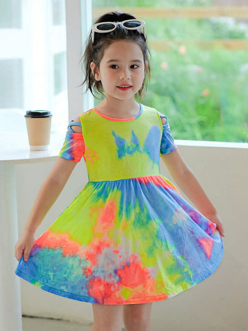 Young Girl Knitted Tie-Dye Round Collar Sleeveless Casual Dress