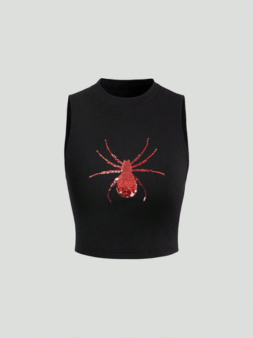 Slim Fit Spider Pattern Sequin Tank Top For Summer