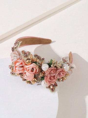 1pc Heavy Baroque Style Flower & Diamond Decor Fabric Headband, Valentine'S Day Gift Royal