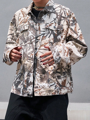 Men Spring And Autumn Graffiti Print Long Sleeve Workwear Pocket Casual Denim Jacket