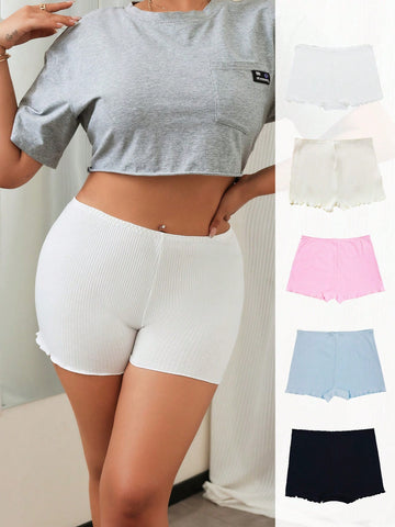 Plus Size 5pcs Solid Color Ribbed Frill Trim Basic Underwear