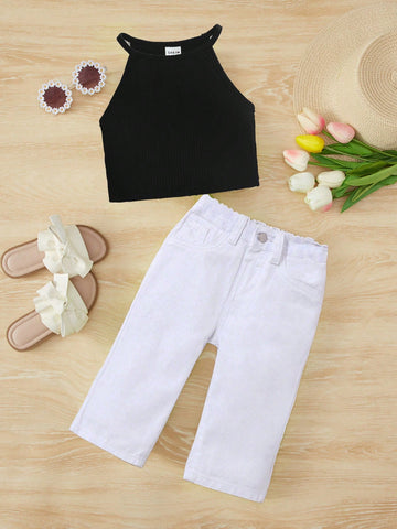 Baby Girl Knitted Denim Two Piece Set, Sleeveless Top And Long Pants, Casual, Comfortable, Soft, Basic And Practical