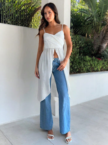 Women's Elegant Romantic Casual Vacation Solid Color Slit Long Camisole Summer White Top