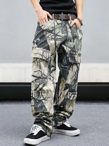 Men's Graffiti Printed Street-Style Baggy Jeans With Casual Cargo Pockets