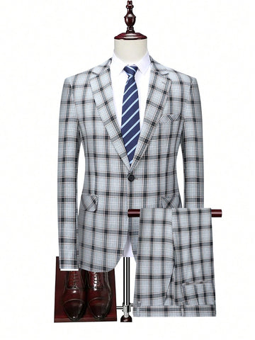 Men's Plaid Turn-Down Collar Suit Jacket And Trousers Set