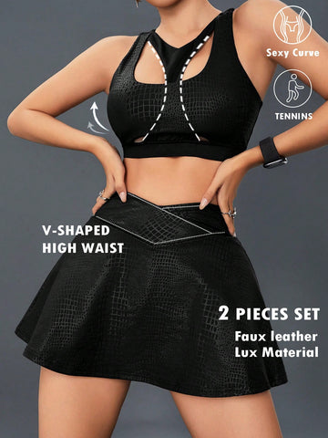 Textured Faux Leather Crossed Waistband Black Skirt & Push Up Sports Bra 2 Piece Set Matching Set