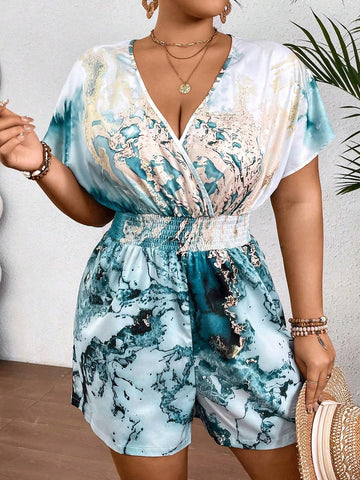 Plus Size Women's Batwing Sleeve Marble Print Romper With Drawstring Waist, Summer