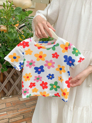 Young Girl Knit Floral Print Round Neck Slim Fit Casual T-Shirt
