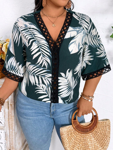 Loose Vacation Style Plus Size Women V-Neck Short Sleeve Shirt With Tropical Plant Print And Random Cutting