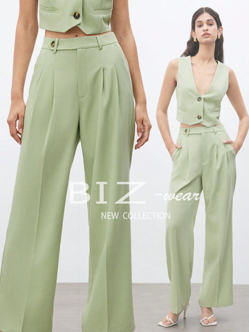 Women's Solid Color Fold Pleated Suit Pants