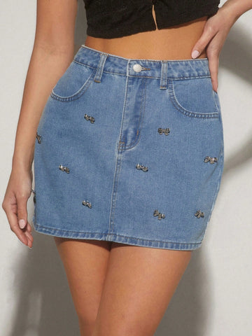 Bowknot Patch Design Patchwork Straight Denim Skirt With Slanted Pockets