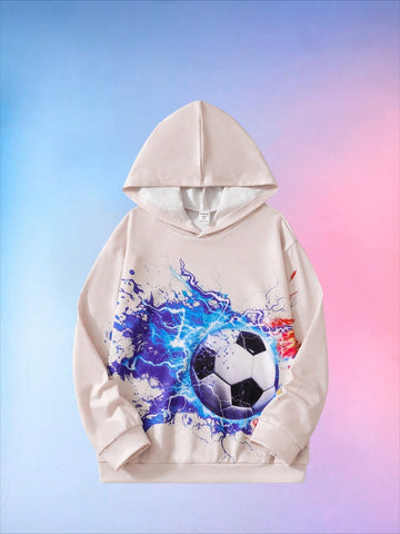 Boys' Football Pattern Cool Hooded Sweatshirt With Long Sleeve For Sports