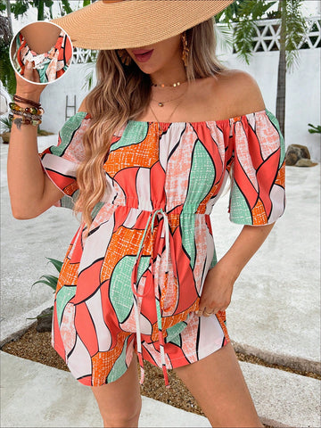Maternity Holiday Casual Random Printed Off-Shoulder High-Waisted Jumpsuit