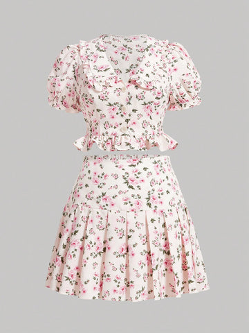Plus Size Women Summer Floral Shirt With Turn-Down Collar, Frilled Hem, Short Puff Sleeves, And Pleated Skirt Set Of Two