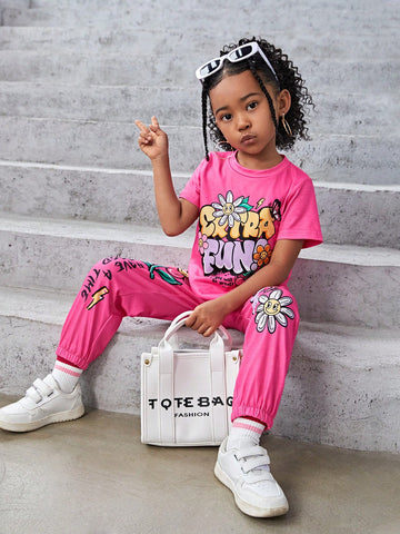 Young Girl Cartoon Printed Short-Sleeved Top And Trousers Two-Piece Set