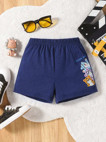 Infant Boys Cute And Fashionable Elastic-Waist Drawstring Tiger And Letter Printed Shorts In Three Colors For Spring And Summer, Sky Blue