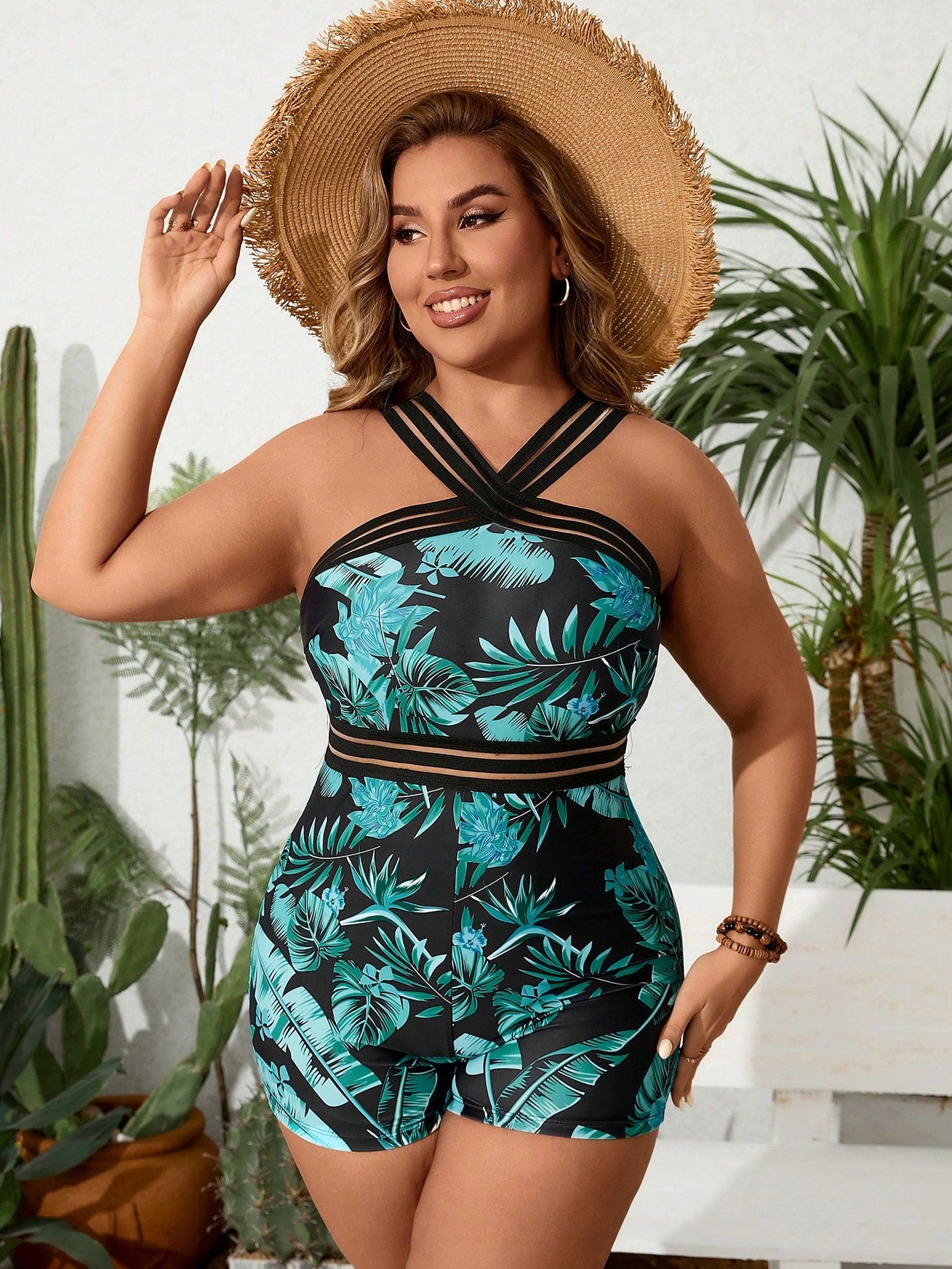 Plus Size Women\ Vacation Tropical Plant Print Halter One-Piece Swimsuit