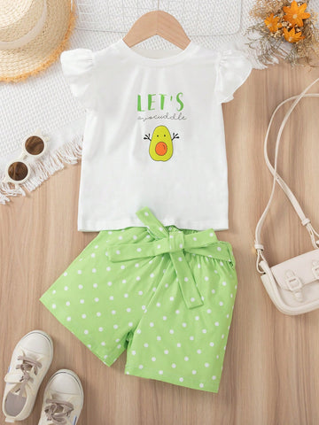Young Girl 2pcs/Set Lovely Avocado Print Ruffle Trimmed Top And Polka Dot Print Shorts With Belt, Children Summer Season