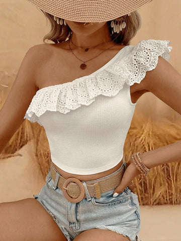 Exquisite Hollow Out Embroidery Jacquard Textured Grain Fabric Patchwork Sleeveless Top With Asymmetric Neckline,  Summer Solid Color, Summer Vacation Season, Comfy Top, Boho, Mom, Bathing Suit Tops