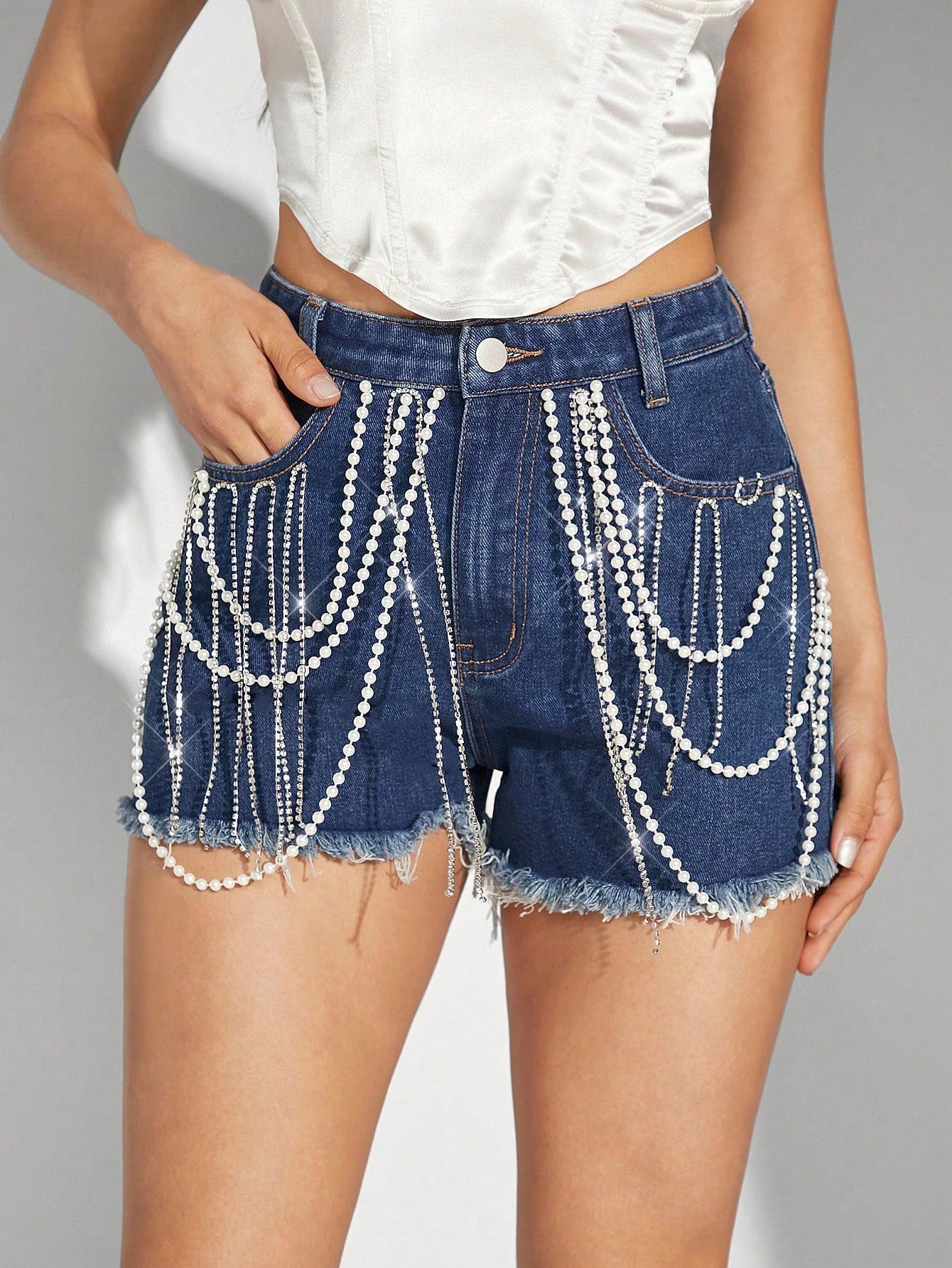 Embellished Chain Frayed Denim Shorts