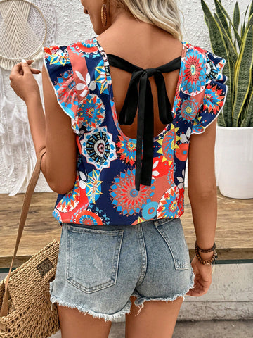 Women Summer Vacation Style Flower Print Back Knot Loose Cap Sleeve Blouse
