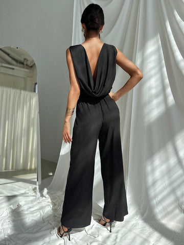 Women Backless Collar Blouse And Straight Leg Pants Commuting Suit