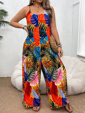 Plus Size Plant Printed Leisure V-Neck Wide Leg Jumpsuit For Vacation