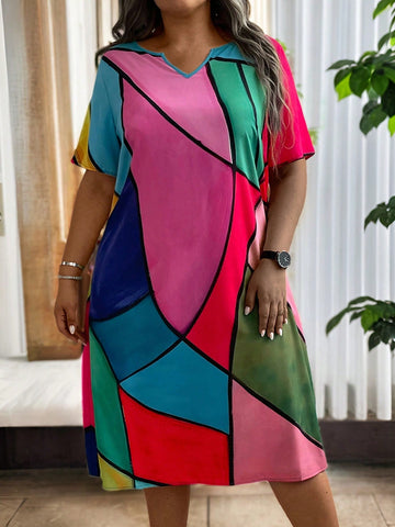 Plus Size Summer Colorful Geometric Print Dress