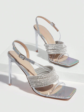 Women Rhinestone Bow Stiletto Heeled Sandals, Glamorous Glitter Slingback Sandals