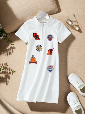 Young Girls Street Fashion Knitted Pit Fashion Badge Printed Front Zipper Slim Dress Spring And Summer