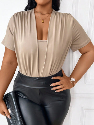 Plus Size Solid Color Pleated Knitted Bodysuit For Leisure