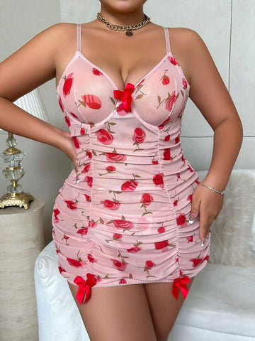 Plus Size Women Fashionable Printed See-Through Lingerie With Ruffle Design