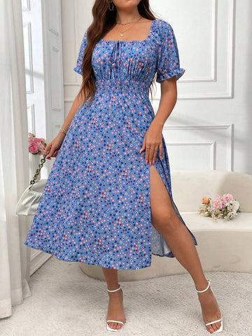 Plus Size Short Sleeved Floral Print Wrap Dress, Suitable For Summer Vacation