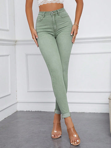 Women's High Waisted Skinny Jeans With Washed Denim For Spring/Summer