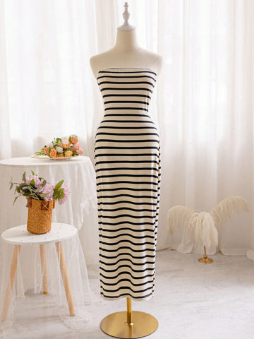 Women Summer Striped Strapless Slim-Fit Slit Dress