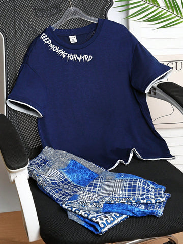Tween Boy Fashionable Printed Concise Short Sleeve T-Shirt And Shorts 2pcs/Set
