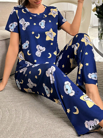 Plus Size Women's Pajamas Set With Star, Koala Print And Round Neckline Design